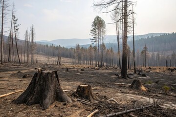 Burned forest landscape with scattered tree stumps, tree stumps, scorched earth, ash fall, charred undergrowth