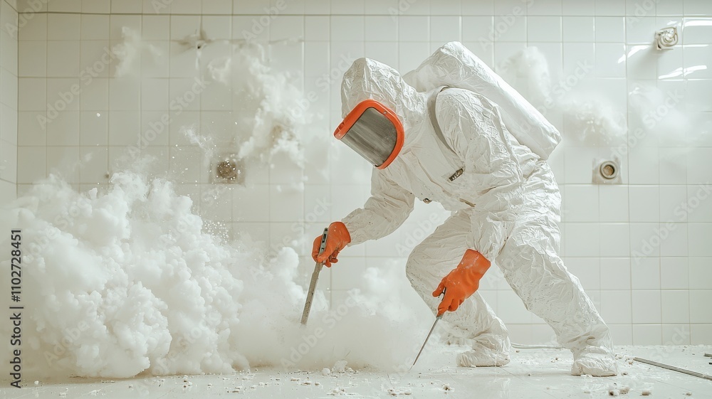 Poster scientist in protective suit working with experimental foam.