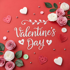 Happy Valentine's Day Template Background. Happy Valentine's Day greeting text with hearts, roses, and gift elements in a pink space background template.
