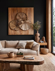 Rustic Farmhouse Living Room Modern Country Style Interior Design with Beige Sofa and Black Wall Paneling