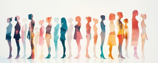 Silhouettes of diverse individuals standing in a colorful line.