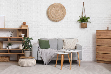 Interior of living room with comfortable sofas, chest of drawers and shelving unit