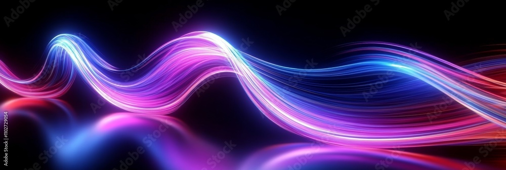 Poster neon fluid motion abstract digital artwork with glowing lines and black reflection background