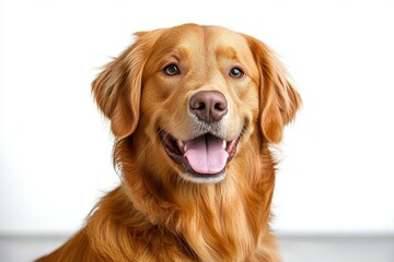Happy golden retriever dog smiling on white background with copy space for design