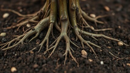 Fototapeta premium Close-up of coffee tree roots emerging from soil, botanicals, plant growth
