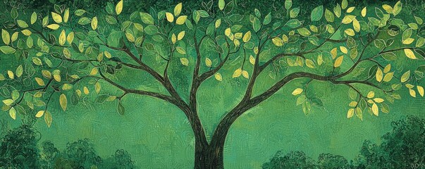 Vibrant tree with lush green leaves against a rich background.