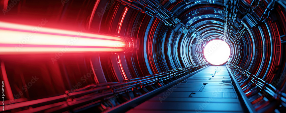 Poster a futuristic tunnel with glowing red lights and a bright white exit, suggesting a journey or transit