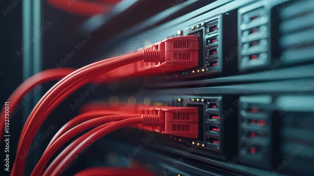 Poster a close-up image of red network cables connected to a server, showcasing modern data center technolo