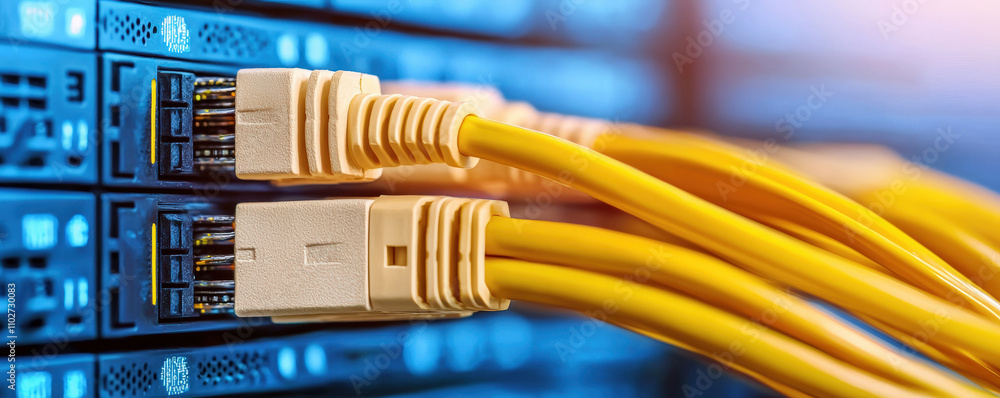 Poster the image shows yellow ethernet cables connected to a network switch, symbolizing data connectivity 