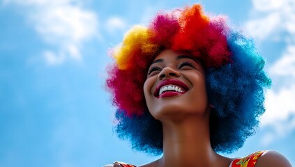 Naklejka premium A Joyful Woman with Rainbow Hair Smiles Against Blue Sky