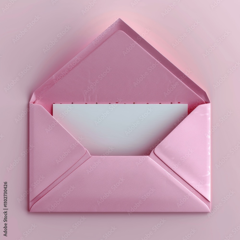 Poster open pink envelope with blank white card on pastel background top view 3d rendering