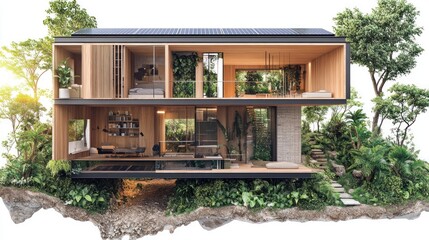 Fototapeta premium Modern eco-friendly house design with lush greenery and sustainable features.