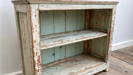 Cracked and worn wooden shelf with faded paint, worn wood, wooden shelf, distressed finish, vintage look, old furniture