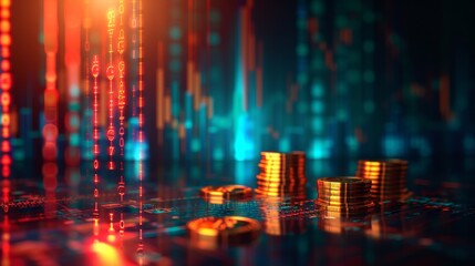 A vibrant scene depicting golden cryptocurrency coins amidst glowing data streams, symbolizing the digital financial world and blockchain technology. AI generated.