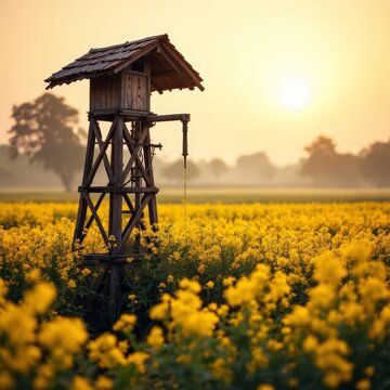Sunrise paints a mustard field, shallow water, bagula.