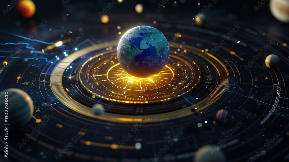 Poster a visually stunning digital rendering of earth surrounded by illuminated orbits, with various celest