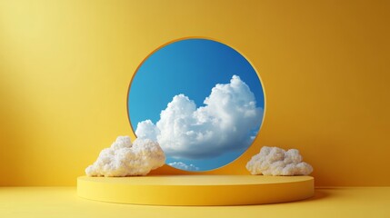 Abstract Minimalist Yellow Background with Blue Sky and White Clouds Circular Cutout Podium for Presentation
