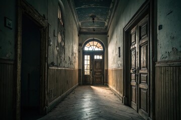 Obraz premium Darkened hallway with a creepy old door at the end, old furniture, abandoned mansion, dusty interior