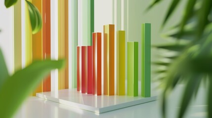 Obraz premium A vibrant 3D bar chart in shades of orange, yellow, and green stands in a minimalistic environment, framed by out-of-focus green leaves, creating a fresh and organic feel. AI generated.
