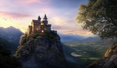 Fototapeta premium medieval stone castle on rocky cliff with lush mountains and pastel sky
