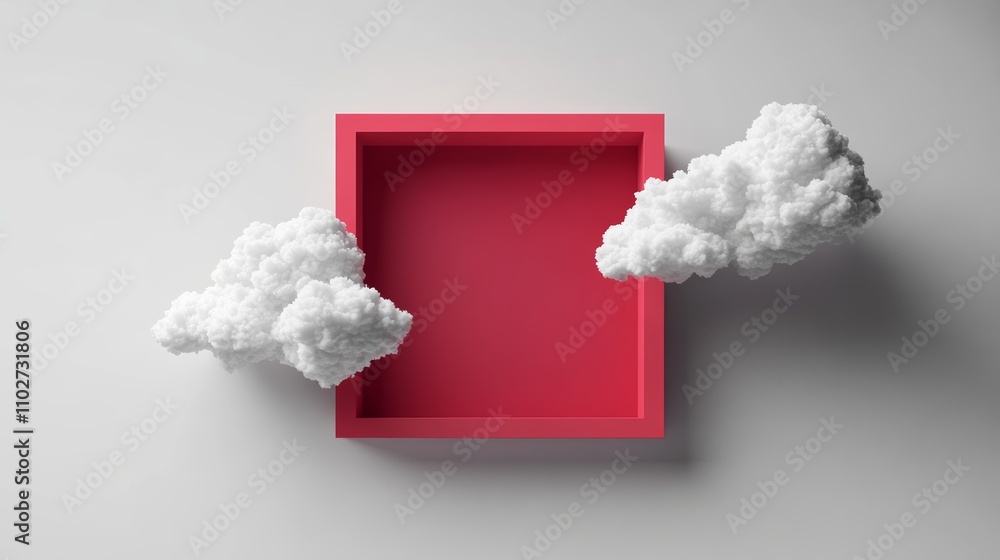 Aufkleber Minimalist Abstract Art with Clouds and Red Frame on Gray Background
