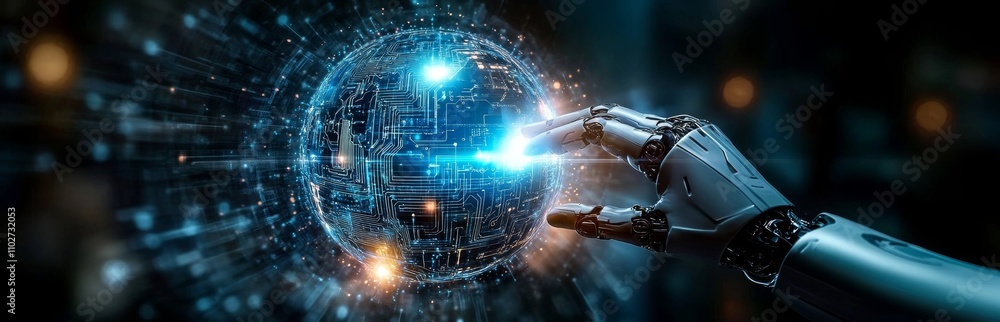 Poster robotic hand and human hand touching high-tech circuit sphere in futuristic network background