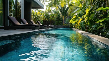 Fototapeta premium Luxury lifestyle pool with infinity edges, surrounded by stylish loungers and tropical plants
