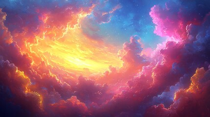 Naklejka premium Dramatic Stormy Clouds with Fiery Lightning Bursts in Vibrant Celestial Sky