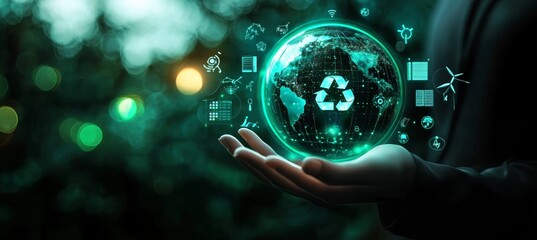 Hand Holding Glowing Earth with Green Energy Symbol and Eco-Friendly Icons Represents Circular Economy and Sustainability