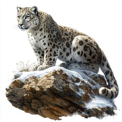 Snow leopard resting on a snowy rock with a focused gaze.