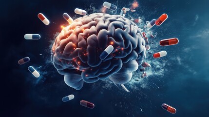  Medication Interaction with Human Brain Illustration, Dynamic Explosion and Liquid Flow
