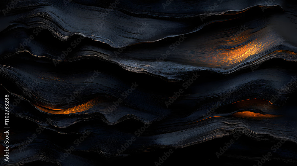 Poster dark abstract image with wavy lines and hints of warm orange light. intriguing texture and dramatic 
