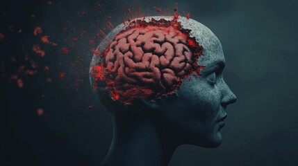 Abstract Brain Deterioration Concept Art - Human Head with Crumbling Brain and Red Particle Spread