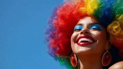 Naklejka premium A Joyful Woman with Rainbow Hair Smiles Against Blue Sky