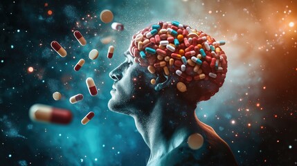 Man's Head with Pills Exiting Brain, Abstract Cosmic Background, Mental Health Medication Concept