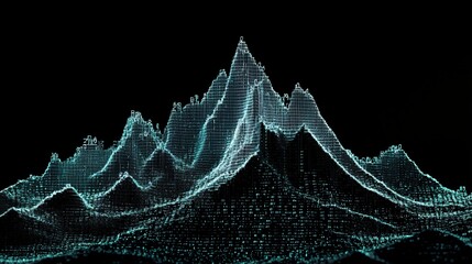 Binary digits forming a digital mountain range on a dark background