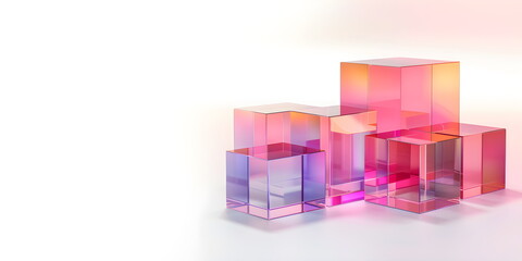  Abstract geometric background with transparent glass blocks made of plexiglass in pink and blue tones. Futuristic neon copyspace banner. Modern technologies. Horizontal banner for template design.