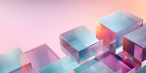 Abstract geometric background with transparent glass blocks made of plexiglass in pink and blue tones. Futuristic neon copyspace banner. Modern technologies. Horizontal banner for template design.