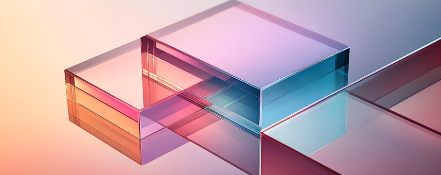 Abstract geometric background with transparent glass blocks made of plexiglass in pink and blue tones. Futuristic neon copyspace banner. Modern technologies. Horizontal banner for template design.