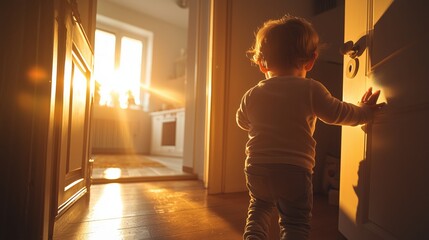 Toddler entering sunlit room, concept of childhood wonder and exploration