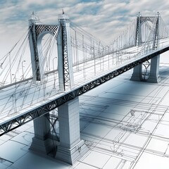Fototapeta premium vision of architecture of a 3d model bridge project with blueprint
