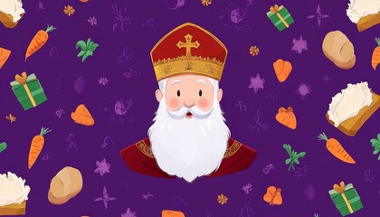 Sinterklaas Celebration Background with Bishop, Religious Symbols and Playful Elements