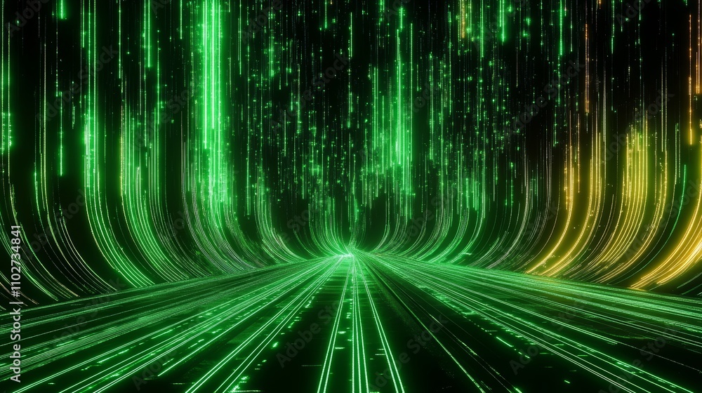 Poster Futuristic Highway with Green Neon Light Trails and Dynamic Flowing Lines