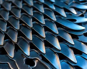 Fototapeta premium A close-up of metallic scales arranged in an overlapping pattern, showcasing a blend of blue hues and intricate textures.