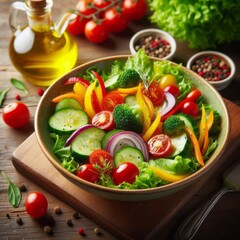 Fresh salad with bright vegetables on a wooden table, with a drop of olive oil.