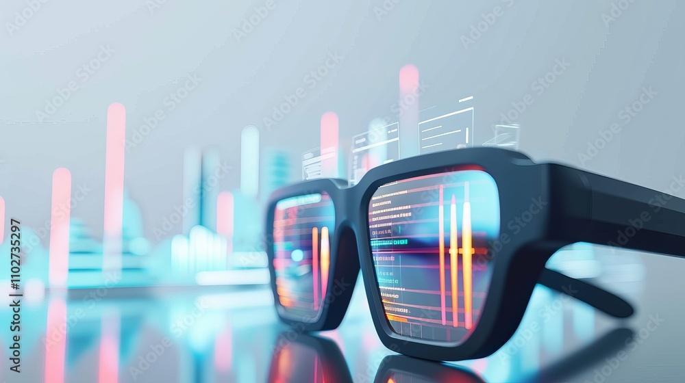 Poster a pair of futuristic smart glasses displaying digital data overlays in a modern tech environment. th