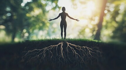 Create an image representing Bioenergetic Therapy: depict a person performing grounding exercises, such as standing firmly on the ground 