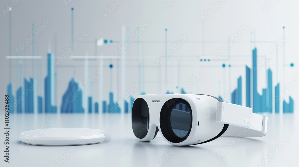Poster white futuristic vr glasses displayed against a background of abstract data visualizations, evoking 