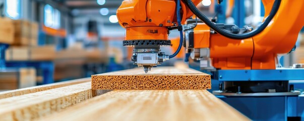 A robotic arm processes wood in a modern manufacturing facility, showcasing automation in woodworking technology.