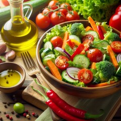 Fresh salad with bright vegetables on a wooden table, with a drop of olive oil.